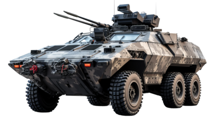 image of a Stryker armored fighting vehicle, isolated on a white background.