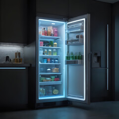 a refrigerator with its door open in a dark room