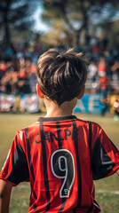 ni&ntilde;o futbolista en el centro del campo , de espaldas, mirando a la grada gente