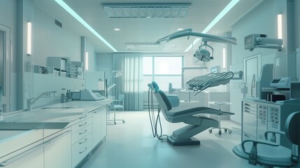 Ein moderner, mit modernster zahnmedizinischer Ausrüstung ausgestatteter Behandlungsraum, der eine saubere und sterile Umgebung für die Patientenversorgung und zahnärztliche Eingriffe bietet.