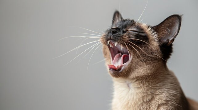A close-up photo of a cat with its mouth wide open, yawning. The cats whiskers are prominent, and its eyes are closed.