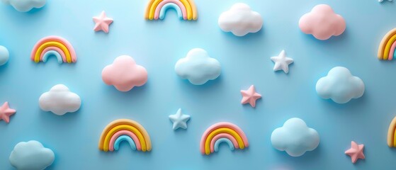 Whimsical Pastel Rainbow Sky with Clouds and Stars for Dreamy Background Art. Perfect for children's room decor, nursery art, and whimsical event backgrounds.