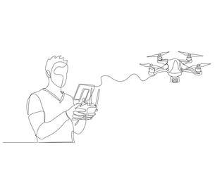 Continuous one line drawing of man with remote control and flying drone. One line drawing illustration of man flying drone aircraft. Controlling modern gadget flying concept. Editable outline.