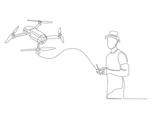 Continuous one line drawing of man with remote control and flying drone. One line drawing illustration of man flying drone aircraft. Controlling modern gadget flying concept. Editable outline.