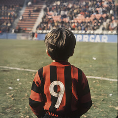 Fototapeta premium niño futbolista en el centro del campo , de espaldas, mirando a la grada gente