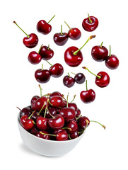 A bowl with flying cherries isolated from the white or transparent background
