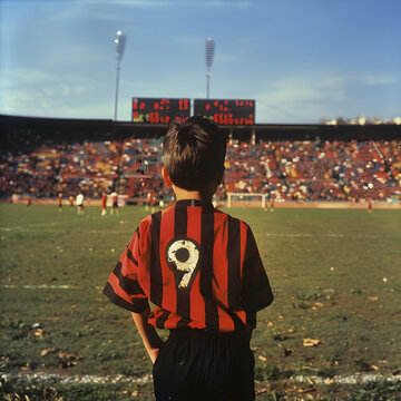 ni&ntilde;o futbolista en el centro del campo , de espaldas, mirando a la grada gente