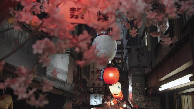Red Lanterns Hanging in a Japanese Alleyway at Night