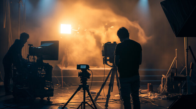 A cinematic image of a person working on a film set, with dramatic lighting and composition, cinematic design, with copy space
