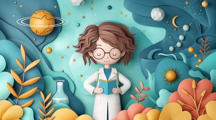 Fototapeta premium cute paper cut style illustration, female scientist wearing lab coat reading research document, kid future dream career concept 
