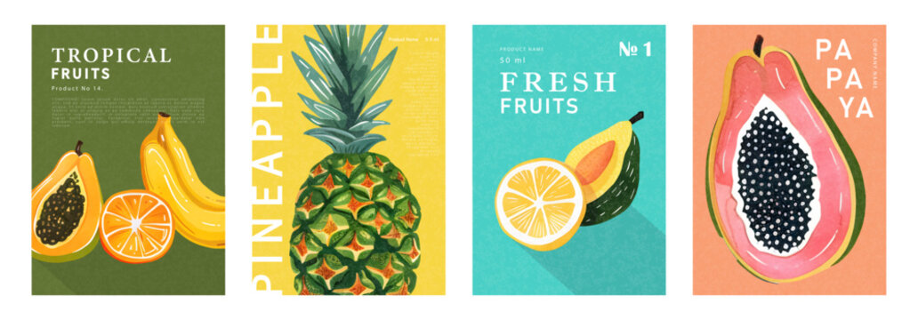 Set of labels, posters or price tags with watercolor fruits. Papaya, orange, banana, pineapple, lemon and avocado. Vector illustration for the design of packages, flyers and promotional materials.