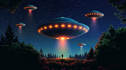 World UFO Day July 2 Flying Spaceship Alien Abduction In Night Copy Space Mock Up Sky