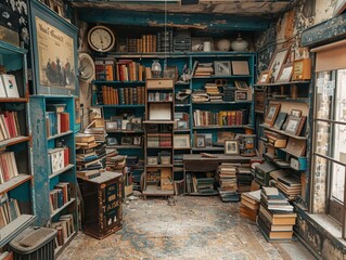 Fototapeta premium Dusty, cluttered antique shop with cobwebs and old, forgotten items. 