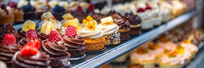 A closeup photo capturing an array of exotic desserts elegantly arranged in a bakery display case with intricate