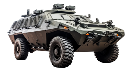 rugged military Humvee vehicle equipped with mounted weaponry, isolated on a white background.
