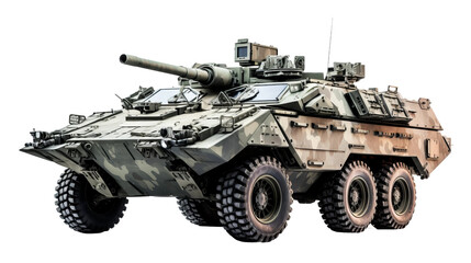 Fototapeta premium rugged military Humvee vehicle equipped with mounted weaponry, isolated on a white background.