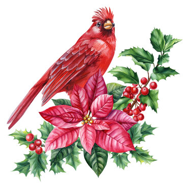 recommend clip art: Cardinal Bird, Red Cardinal sitting on a holly branch, Watercolor painting illustration red bird, watercolor Hand drawn