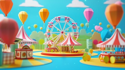 Cute cartoon amusement park with Ferris wheel and colorful balloons.