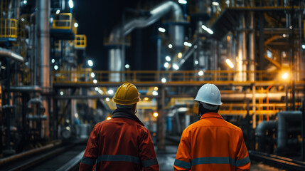 Workers in a night shift at an industrial site, with artificial lights illuminating the scene, night photography design, with copy space