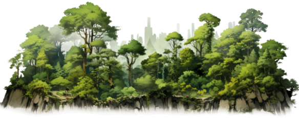 image of dense green forests with towering trees and lush undergrowth, isolated on a white background.