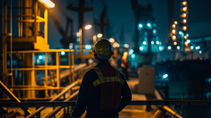 Workers in a night shift at an industrial site, with artificial lights illuminating the scene, night photography design, with copy space