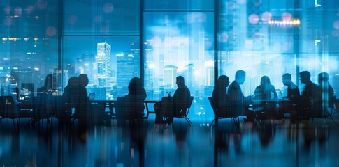 Blurred silhouettes of business people in a cowork space or office space.