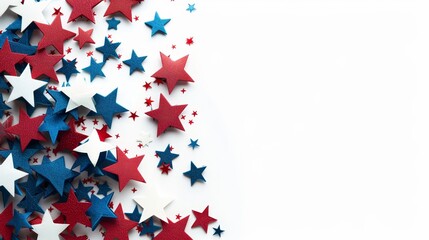 Red, white, and blue stars with copy space, patriotic theme, isolated on white background, photorealistic, vibrant, overlay, clean backdrop