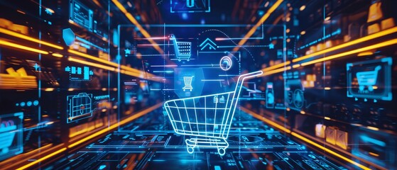 Futuristic Holographic E-commerce Interface Showing Product Images and Shopping Cart Icons