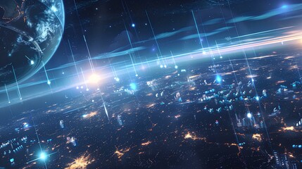 Stage lights and night sky with digital stars