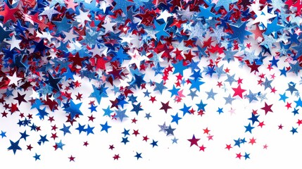 Red, white, and blue stars scattered with copy space, patriotic theme, isolated on white background, photorealistic, surreal, double exposure, neutral backdrop