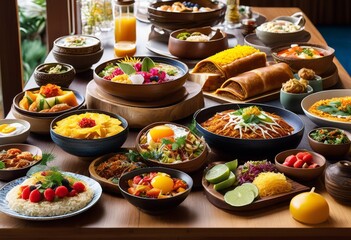 varied breakfast buffet selection diverse food options morning meal, fruits, pastries, eggs, bacon, pancakes, waffles, cereals, yogurt, bread, croissants