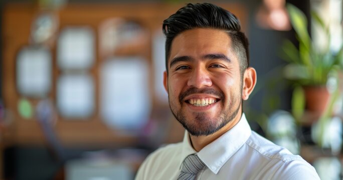 45-year-old smiling banker, middle-aged Hispanic latino businessman in office, mid-20s professional executive businessman,