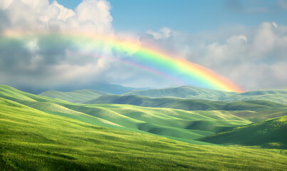 Obraz premium Serene Rainbow Over Rolling Green Hills Under a Cloudy Sky