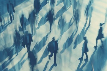 A contemporary financial office is seen from the top with blurry silhouettes of busy businesspeople moving around.