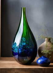 Colorful Decorative glass vase with green and blue pattern on the table. Close up. ai generative