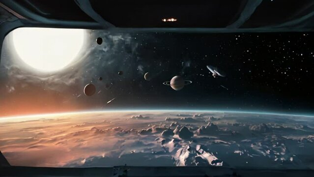 Spaceship Window View of Planets, Stars, and a Distant Sun