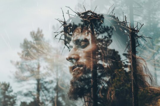 Taking the crown of thorns off Jesus Christ on Passion Day, Easter card, Good Friday, thanksgivings, cross, forest, backgrounds.