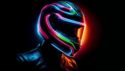 Naklejka premium Neon Motorcycle Helmet With Colorful Lights at Night