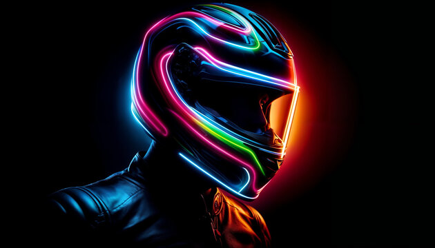 Neon Motorcycle Helmet With Colorful Lights at Night