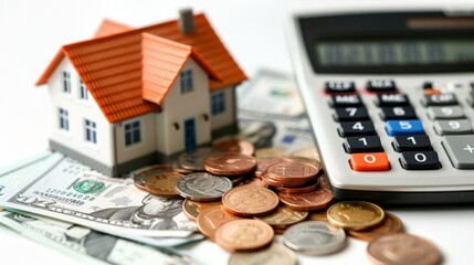 Real Estate Investment and Financial Planning Concept with House Model, Calculator, and Cash