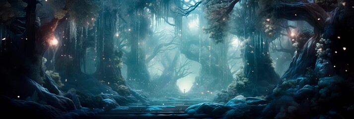 holiday background in a mystical winter forest, with ethereal lights, mythical creatures, and a hidden doorway to a magical world. Generative AI