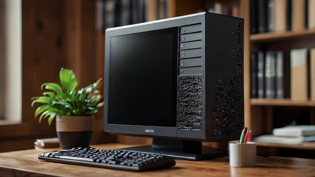 Black Desktop Computer with Monitor, Keyboard, and Plant on a Wooden Desk