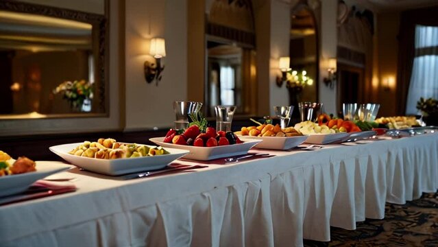 Buffet Table with Fresh Fruit, Cheese, and Appetizers in Elegant Banquet Room