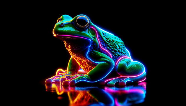 Neon Green Frog Sitting On Black Background