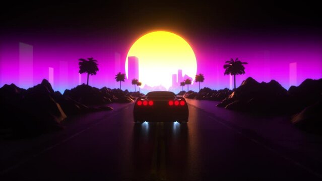 Synthwave, car driving in an ocean of retro vibes with sunset view. Holographic skyscraper background. Cityscape neon light cyberspace. Metaverse. Retro 80s style, skyline. Loop