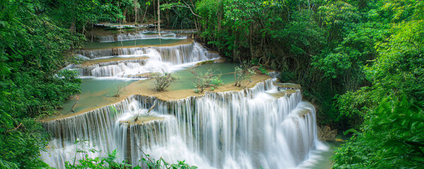 Beauty in nature, amazing waterfall in tropical forest of national park, Thailand	