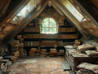 Dusty, disorganized attic with cobwebs and old, forgotten items.