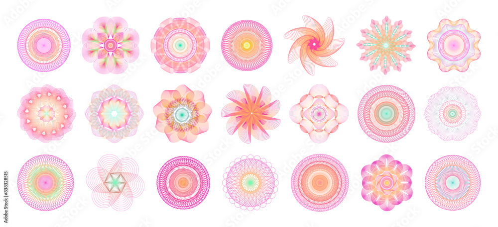 Poster spiral icons. gradient color seals. circular line signs. watermark shapes. guilloche pattern. mandal