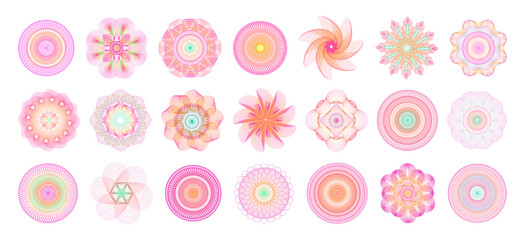 Spiral icons. Gradient color seals. Circular line signs. Watermark shapes. Guilloche pattern. Mandala circles. Optical illusion ornament. Abstract geometric forms. Vector stamps set
