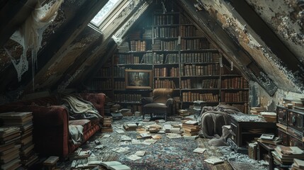 Dusty, disorganized attic with cobwebs and old, forgotten items.